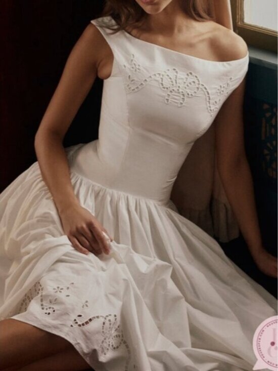 House of CB • Lauren Off-Shoulder White Midi Dress with Eyelet Hem - Picture 2 of 9